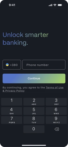 Banking onboarding screen, “Unlock smarter banking.”, with a phone number field and a keypad.