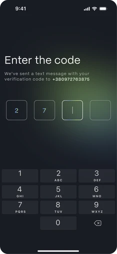 Banking verification screen, “Enter the code”, with four code boxes and a keypad.
