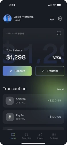 Banking account home with a $1,298 balance card, Receive and Transfer, and recent transactions.