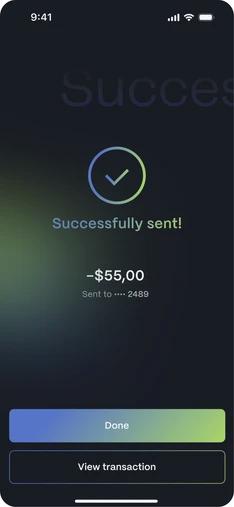 Banking transfer screen, “Successfully sent!”, for −$55,00 with Done and View transaction.