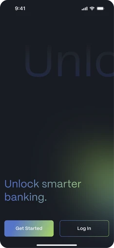 Banking welcome screen, “Unlock smarter banking.”, with Get Started and Log In.