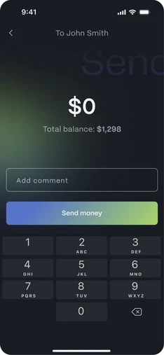 Banking send-money screen to John Smith with an amount, a comment field and a keypad.