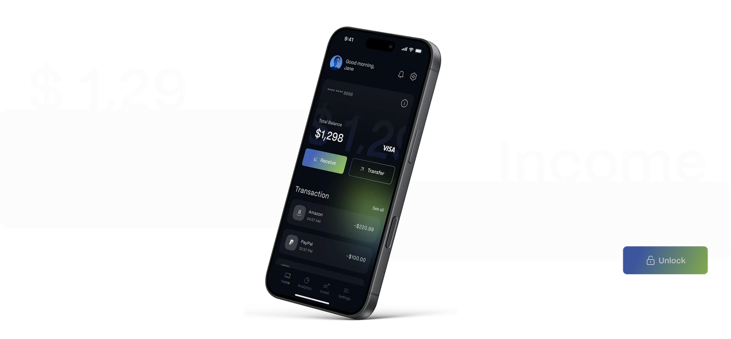 Angled iPhone mockup showing the banking app home screen with the $1,298 balance card, Receive and Transfer buttons and the transaction list, between the faint “$ 1,298” and “Income” watermarks and an Unlock button.