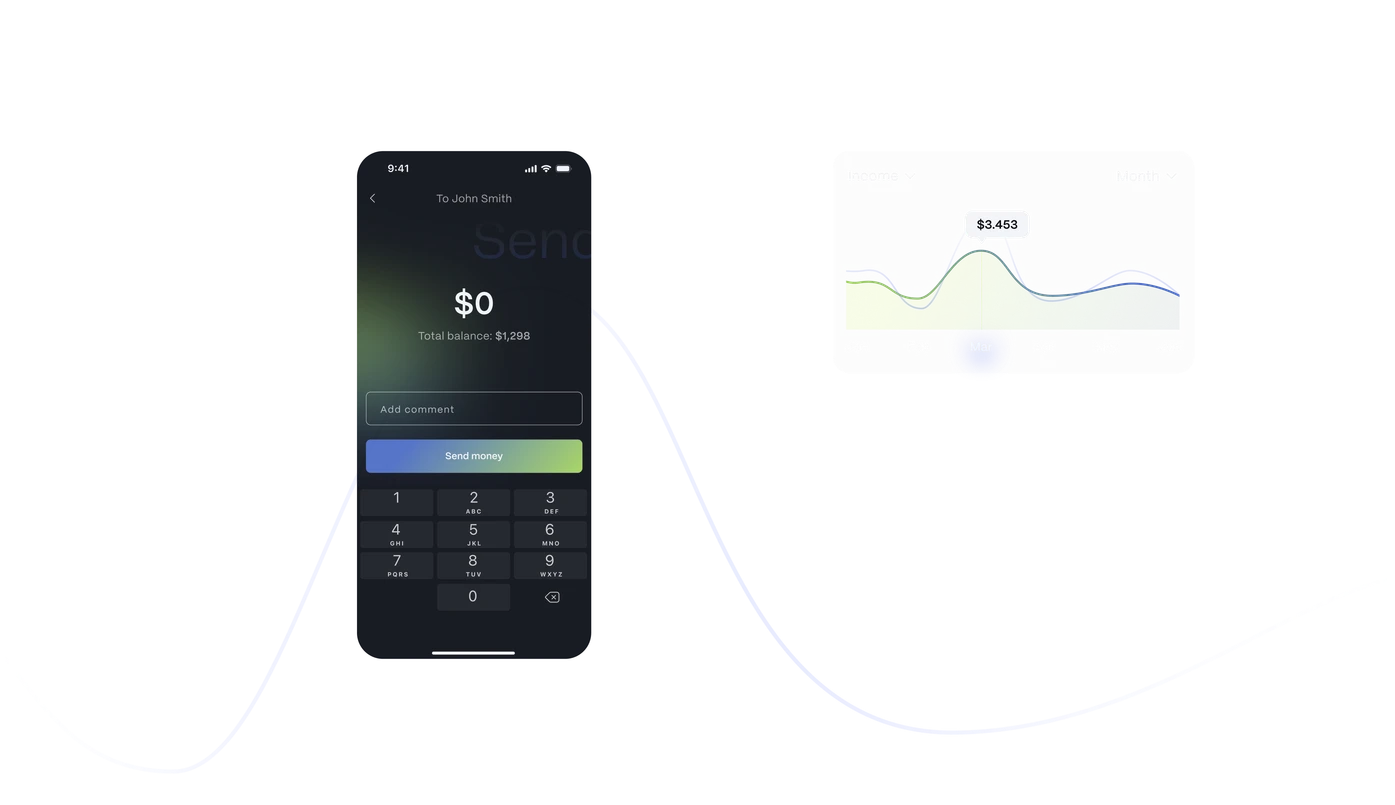 iPhone showing the banking app send-money screen — a $0 amount above a comment field, the Send money button and the keypad — beside an analytics card with the $3,453 income chart, over a chart hairline.
