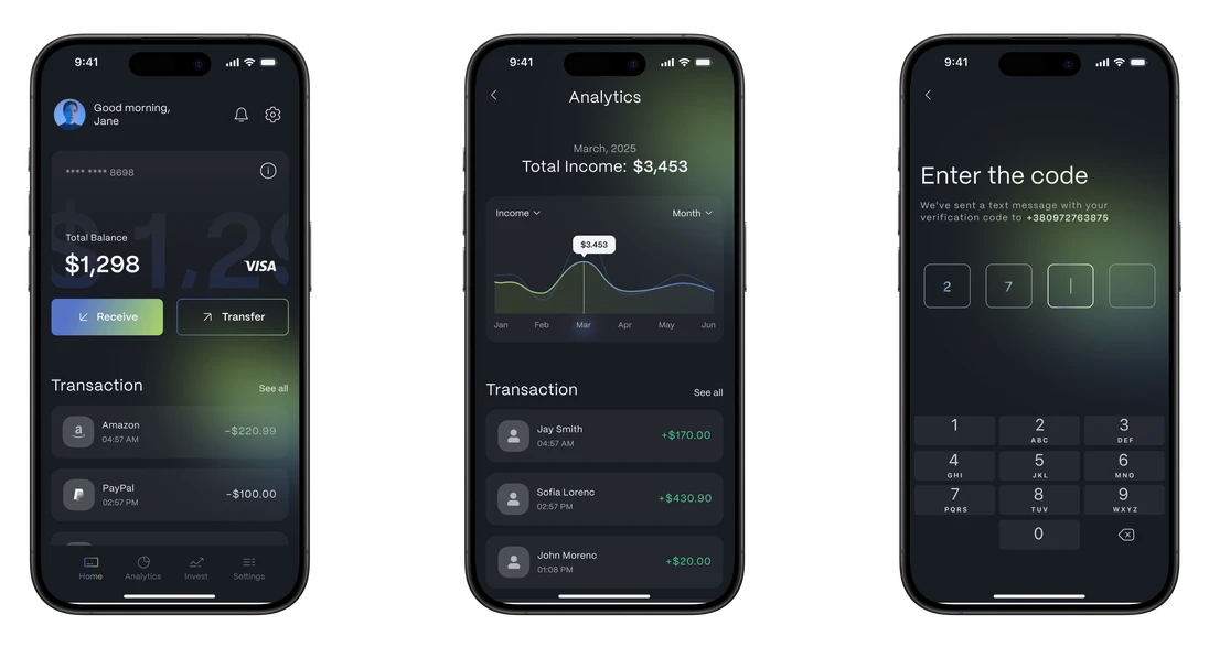 Three iPhones side by side showing the banking app: the account home with a $1,298 balance, the analytics dashboard, and the verification-code screen.