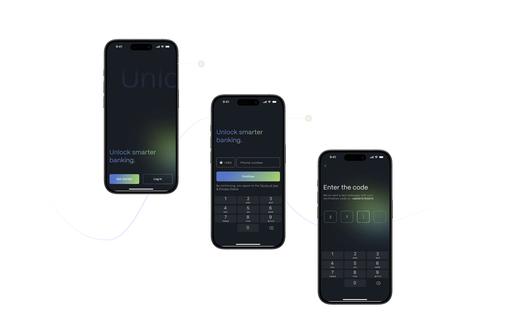 Three iPhones stepping down the page: the “Unlock smarter banking.” welcome screen with Get started and Log in, the phone-number step with a country selector and Continue button, and the “Enter the code” verification step with the keypad.