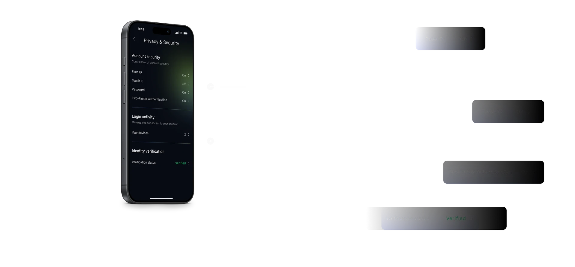 Angled iPhone mockup showing the banking app Privacy & Security screen, with floating setting rows for Face ID (On), Touch ID (On), Two-Factor Authentication (On) and Verification status (Verified).