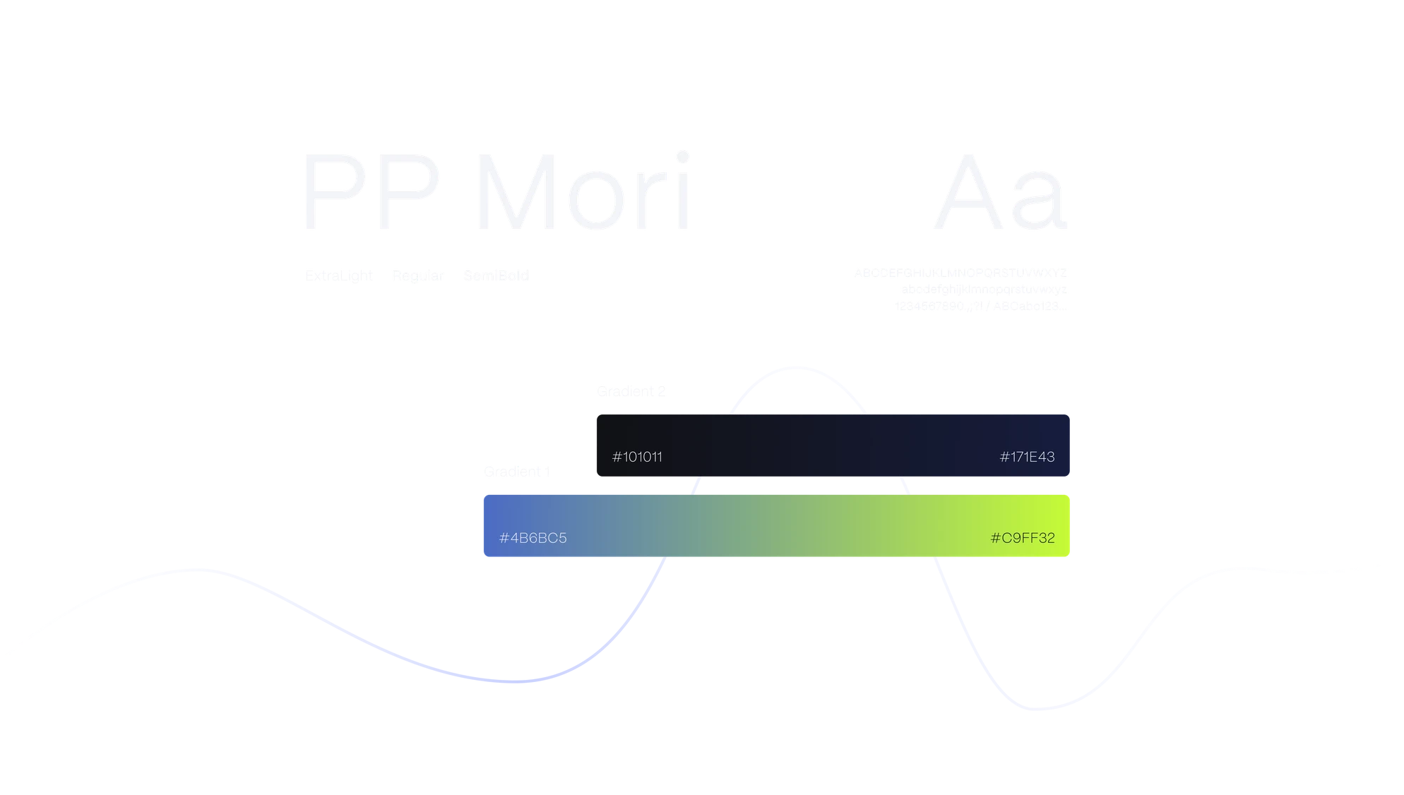 PP Mori type specimen — “PP Mori” and “Aa” at display size, the ExtraLight, Regular and SemiBold weights, an alphabet line — above two gradient swatches: Gradient 2 from #101011 to #171E43 and Gradient 1 from #4B6BC5 to #C9FF32.