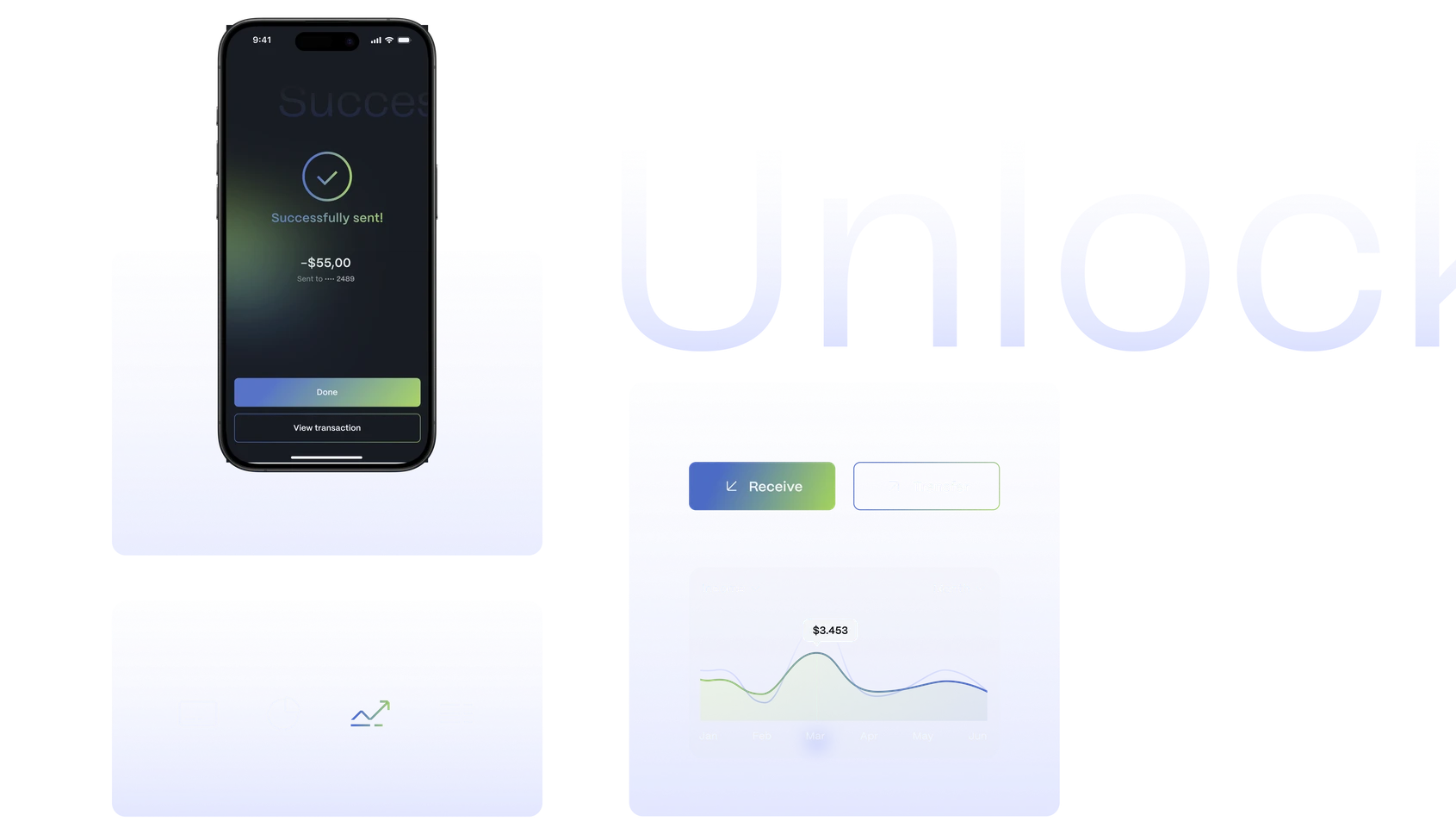 iPhone showing the banking app confirmation screen — a green check above “Successfully sent!” and a −$55,00 receipt — under the “Unlock” watermark, with the navigation icon panel, Receive and Transfer buttons and the income chart card beside it.