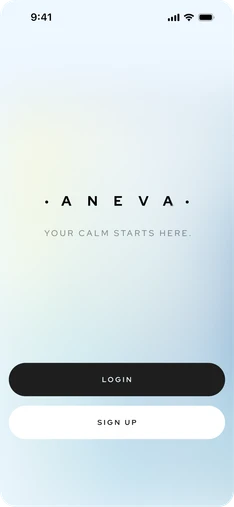 Aneva welcome screen with the ·ANEVA· wordmark, “Your calm starts here.” and the Login and Sign up buttons.
