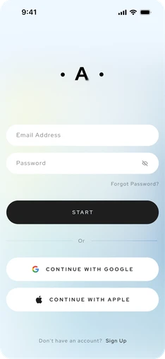 Aneva sign-in screen with email and password fields, Start, and Continue with Google or Apple.