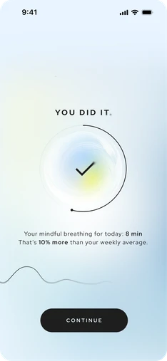 Aneva session-complete screen, “You did it.”, with a check mark in the orb and today’s breathing time.