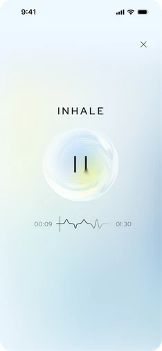 Aneva guided breathing screen, “Inhale”, with the pause orb and the 00:09 – 01:30 timeline.