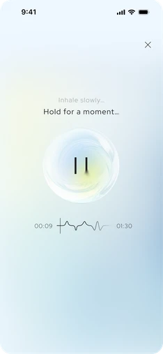 Aneva guided breathing screen, “Hold for a moment…”, with the pause orb and the timeline.