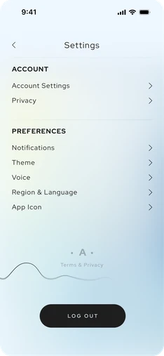 Aneva settings screen with account and preference rows and a Log out button.