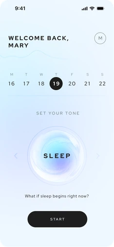 Aneva home screen with the Sleep tone dial and a Start button.
