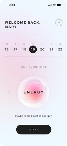 Aneva home screen with the Energy tone dial and a Start button.