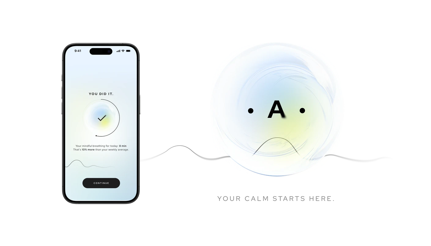 iPhone showing the Aneva session-complete screen beside a translucent orb carrying the ·A· logo, with a breath line running between them and the caption “Your calm starts here.”