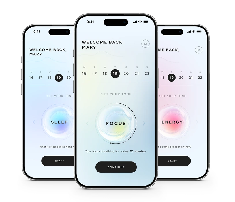 Three iPhones side by side showing the Sleep, Focus and Energy tone dials on the Aneva home screen.