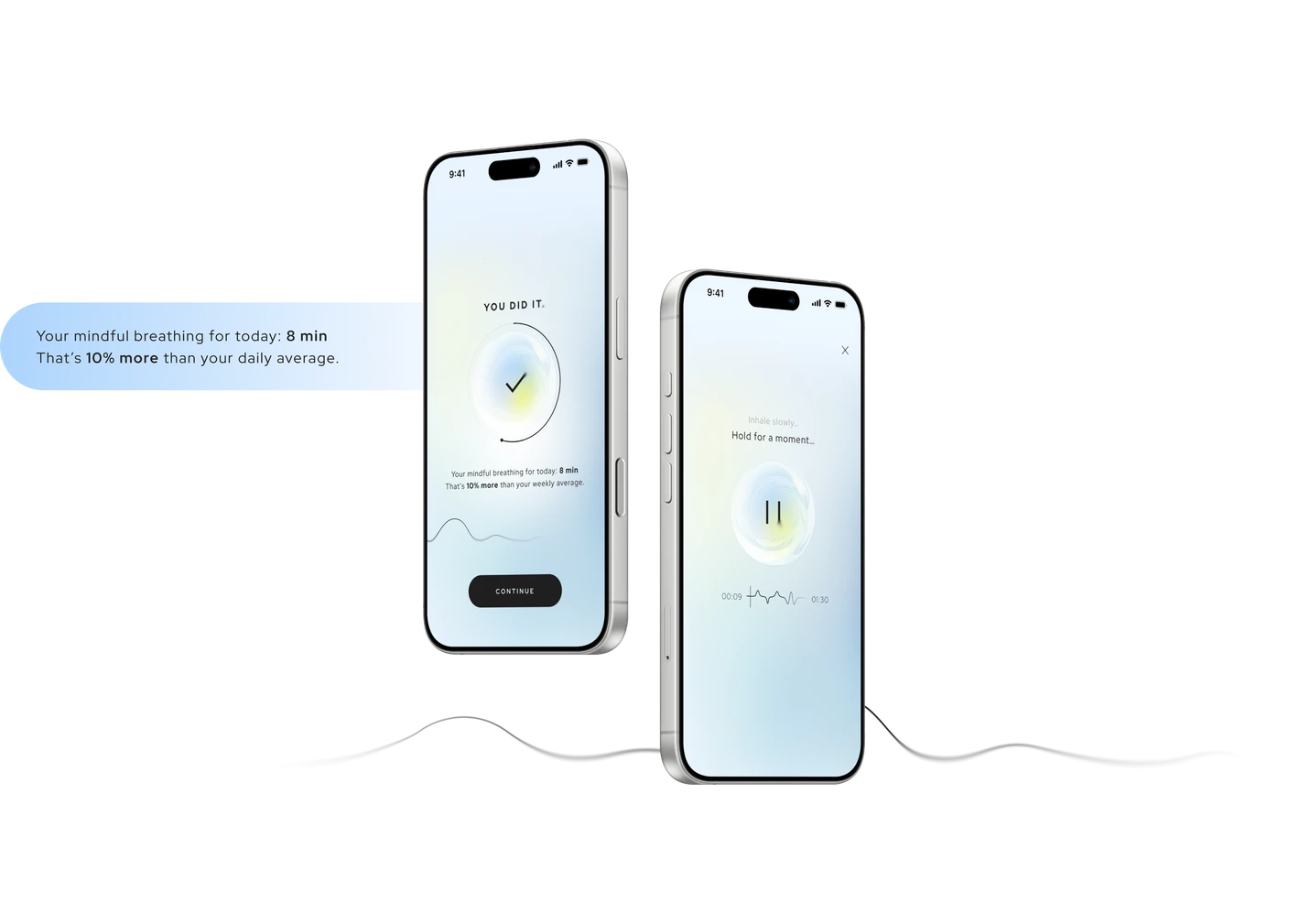 Two angled iPhones — the session-complete progress screen and a live “Hold for a moment…” breathing caption — with a tooltip reading “Your mindful breathing for today: 8 min. That’s 10% more than your daily average.”