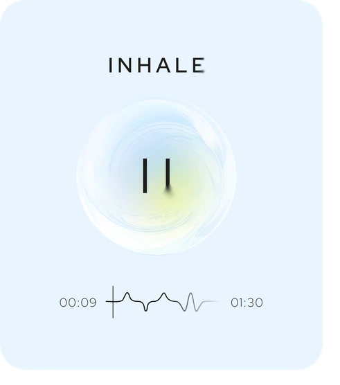 Aneva “Inhale” card with the breathing orb and a 00:09 – 01:30 timeline.