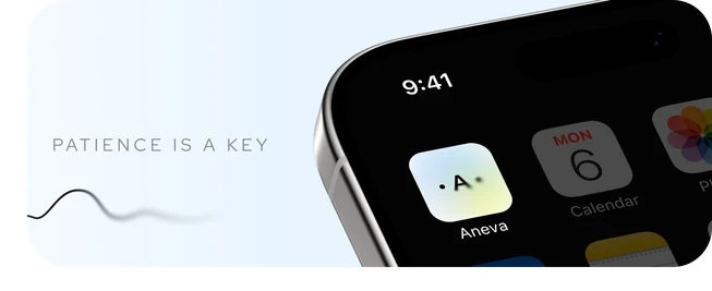 “Patience is a key” card with the Aneva app icon on an iPhone home screen.