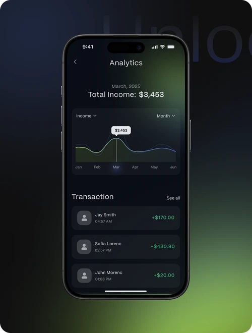 Banking App — iPhone showing the analytics dashboard with an income chart and transaction list on a dark green gradient.