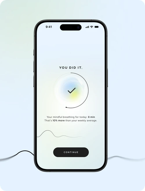 Breathe App | Aneva — iPhone showing the “You did it.” session summary on a pale blue card.